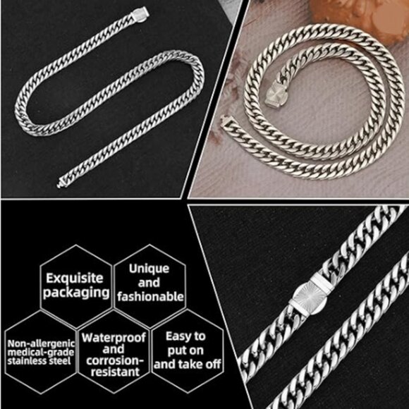 925 Sterling Silver Plated Stainless Steel 9mm Cuban Link Unique Closure - Picture 1 of 10